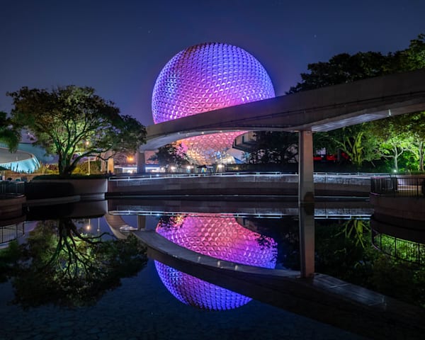 Spaceship Earth Reflection at Night - Epcot Fine Art Photography Print
