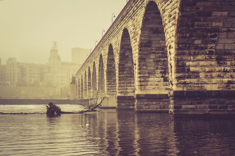 Vintage Minneapolis — Stone Arch Bridge Fog Photography Canvas Print