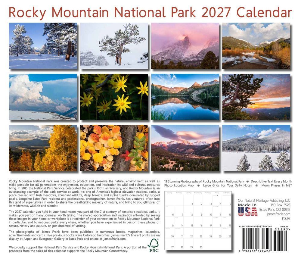 2027 Calendar of Rocky Mountain National Park by James Frank