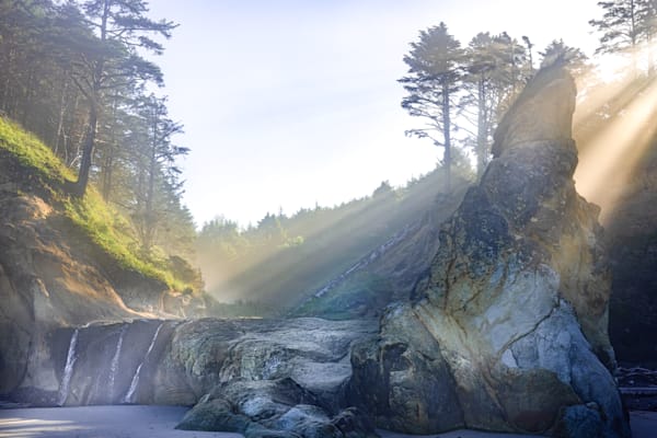 Sun rays over Hug Point Falls photo for sale by Barb Gonzalez Photography.
