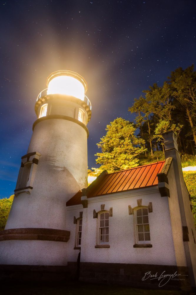 Heceta Head Lighthouse Night Lightbeams Photo for Sale by Barb Gonzalez Photography