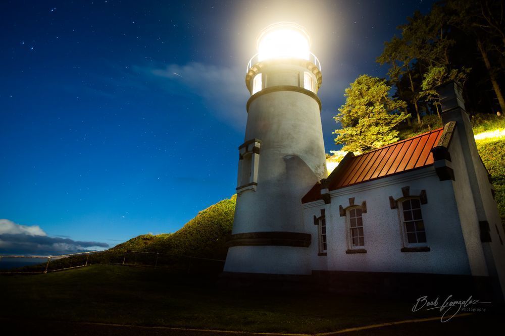 Heceta head lighthouse at night photo for sale by Barb Gonzalez Photography