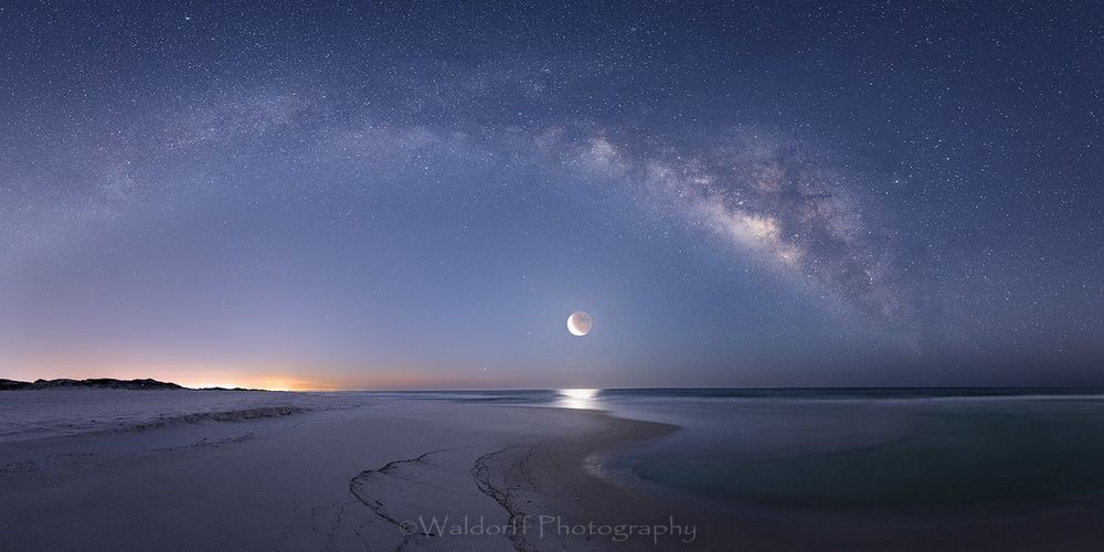 The Milky Way and Crescent Moon rising over the Gulf of Mexico on Gulf Islands National Seashore | Waldorff Photography