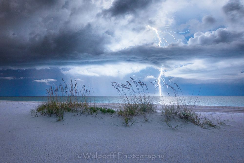Photographic art of Lightning and Sea Oats | Gulf Islands National Seashore, Florida - Fine Art Prints on Canvas, Paper, Metal, & More | Waldorff Photography