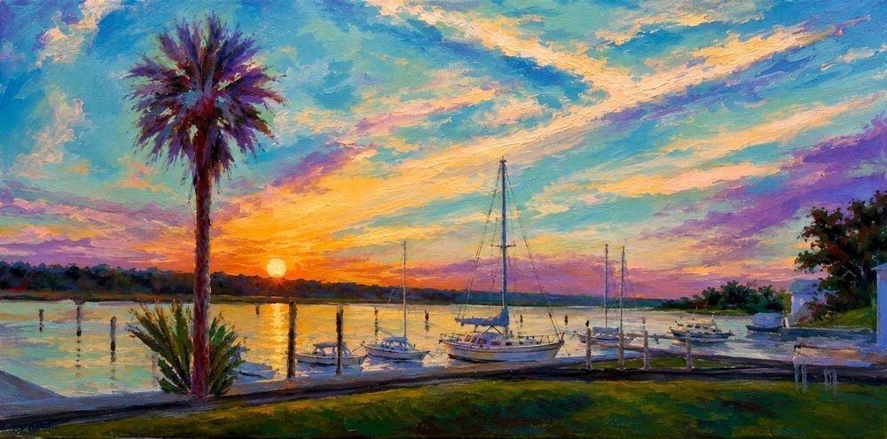 Original painting of Southport, NC at dusk called Afterglow.