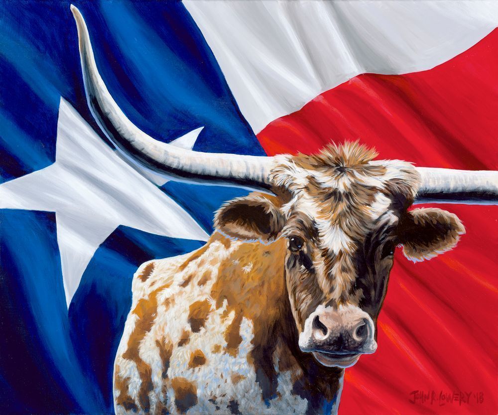 バイソン Longhorn and Texas flag paintings by John R. Lowery for sale as