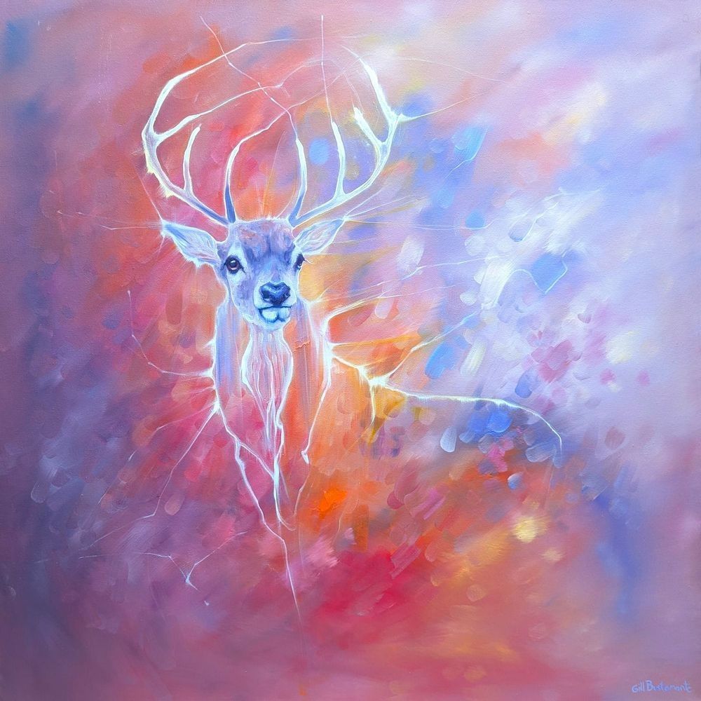 semi-abstract painting of a red deer stag