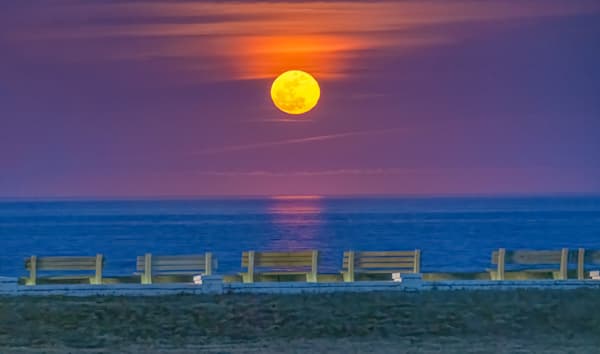 Inkwell Beach Benches And Full Moon Art | Michael Blanchard Inspirational Photography - Crossroads Gallery