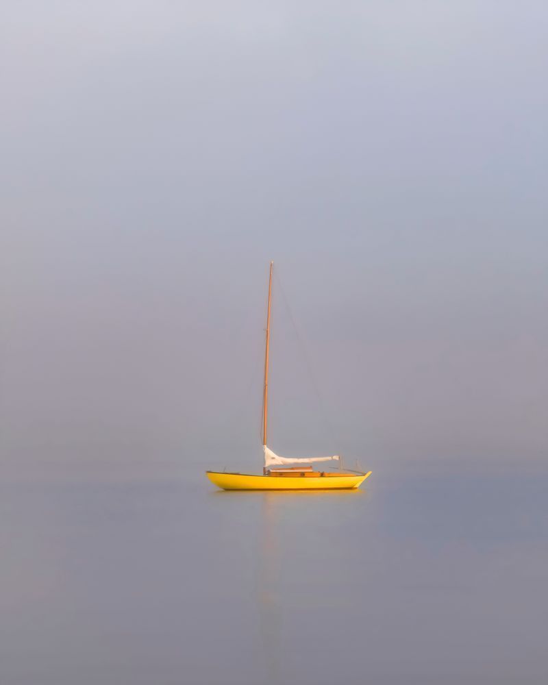 Yellow Sailboat Fog Art | Michael Blanchard Inspirational Photography - Crossroads Gallery
