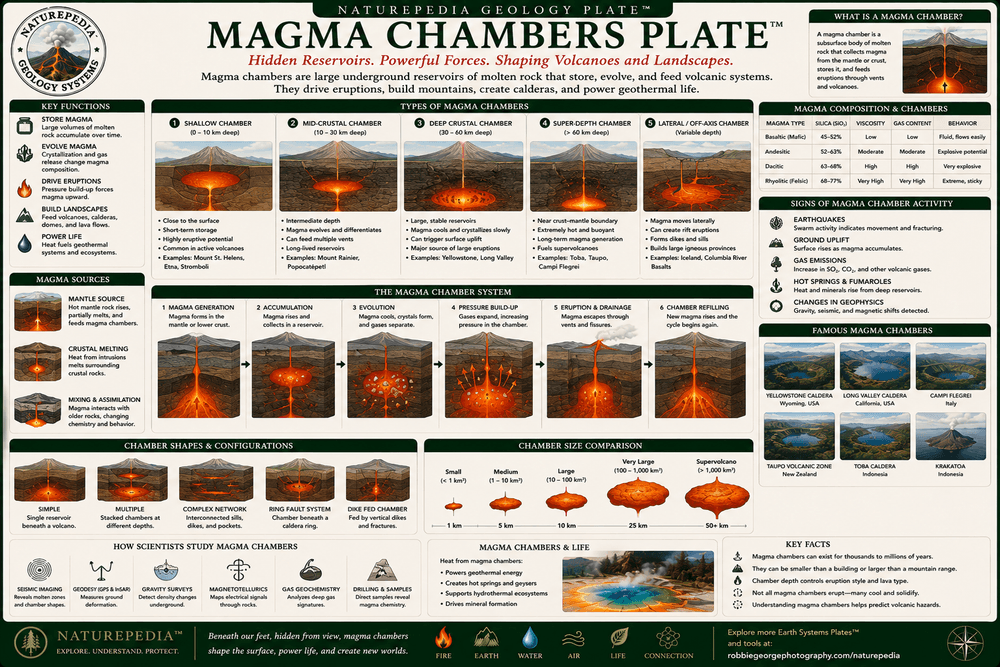 Magma Chambers Plate showing underground magma reservoirs, volcanic plumbing systems, rising magma, heat sources, and Earth system processes