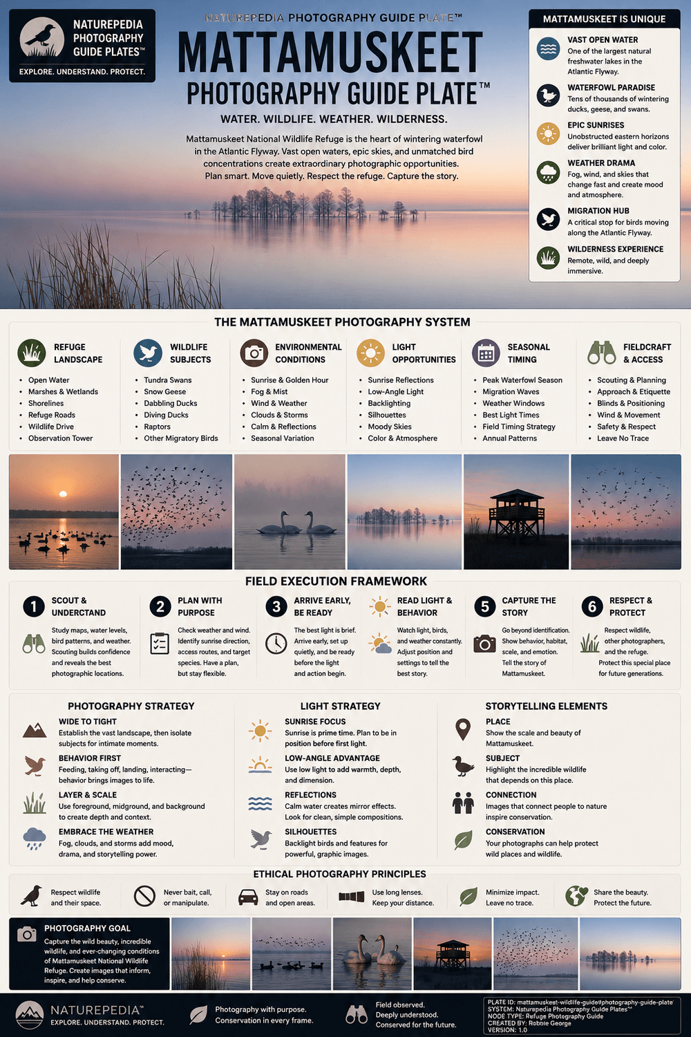 Mattamuskeet Photography Guide Plate showing sunrise light, waterfowl migration, tundra swans, reflections, weather, seasonal timing, fieldcraft, and Naturepedia photography intelligence