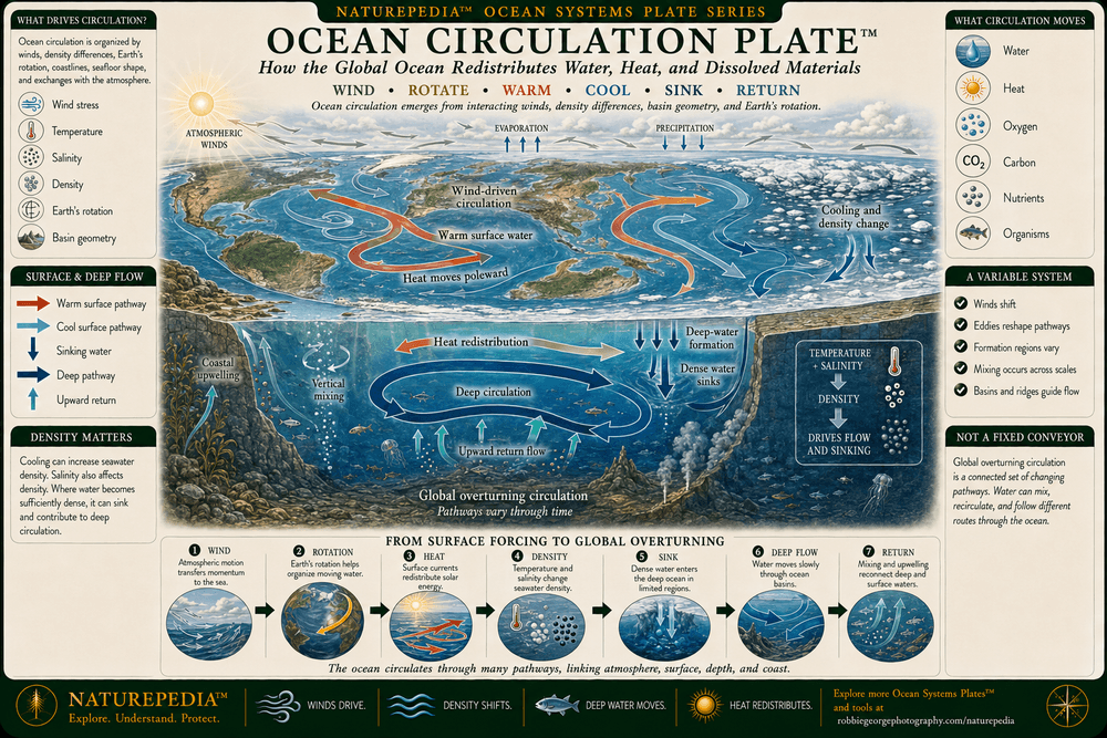 Ocean Circulation Plate showing warm surface-water pathways, cooling at high latitudes, density changes, deep-water formation, cold deep currents, upwelling, wind-driven circulation, and global overturning across Earth's connected ocean.