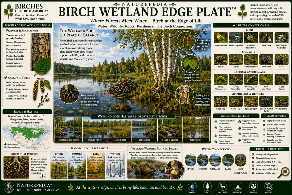Birch Wetland Edge Plate showing birch trees along wetlands, ponds, bogs, water edges, wildlife habitat, and forest-water relationships by Robbie George