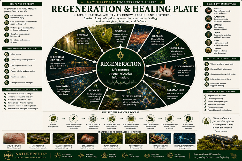 Regeneration and Healing Plate showing wounds, healing, tissue repair, limb regrowth, salamanders, recovery, adaptation, electrical gradients, and renewal
