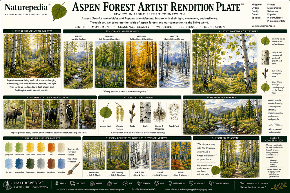 Aspen Forest Artist Rendition Plate showing symbolic golden aspen forests, white trunks, roots, wildlife, fungi, soil, seasonal light, and ecological connection by Robbie George
