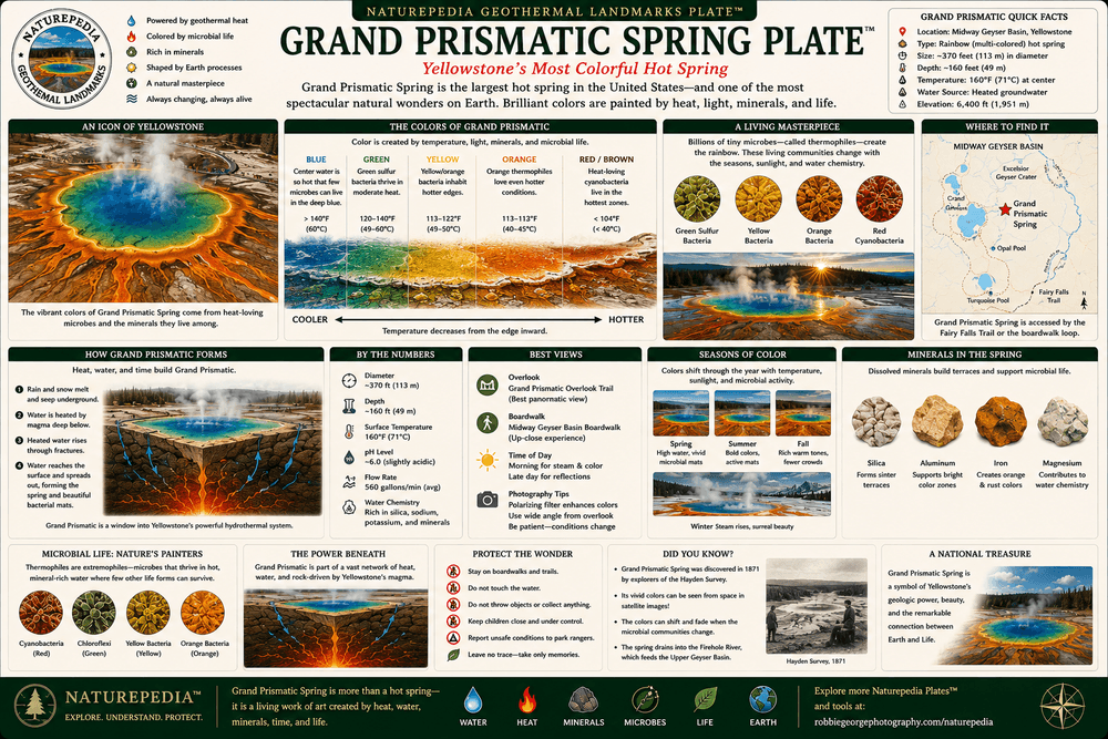 Grand Prismatic Spring Plate showing rainbow thermal colors, microbial mats, temperature gradients, geothermal water chemistry, and Yellowstone hot spring ecology by Robbie George