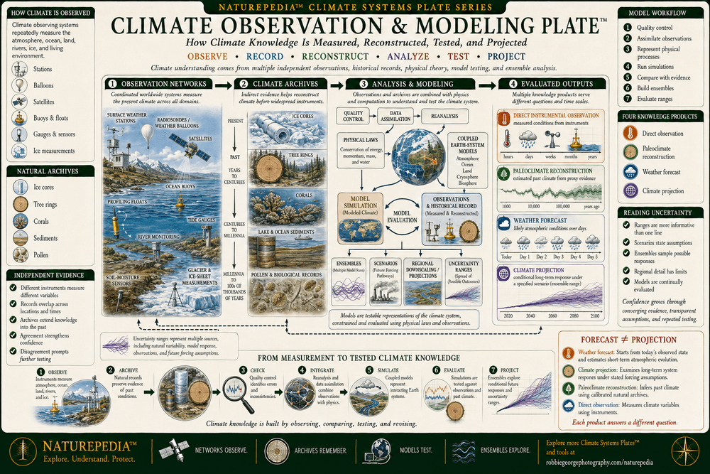 Climate Observation and Modeling Plate showing surface stations, radiosondes, satellites, ocean buoys, profiling floats, tide gauges, glacier measurements, ice cores, tree rings, corals, sediments, data quality control, reanalysis, Earth-system models, ensembles, scenarios, regional projections, and uncertainty ranges.