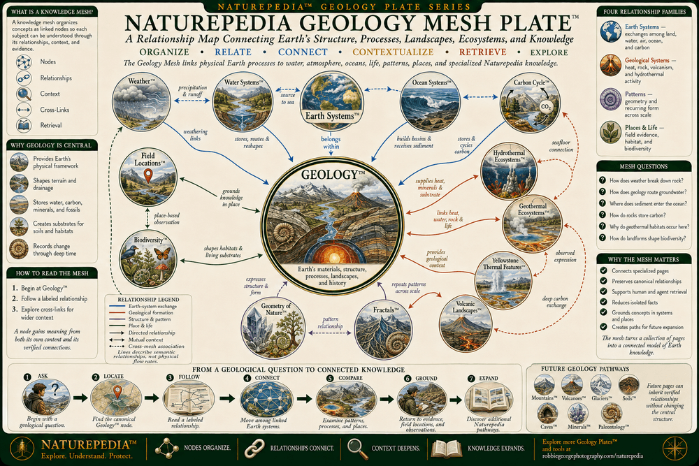 Naturepedia Geology Mesh Plate showing Geology at the center of a semantic relationship network connected to Earth Systems, Earth's Interior, Plate Tectonics, Rocks and Minerals, Rock Cycle, Mountains, Faults and Earthquakes, Volcanic Landscapes, Geothermal Ecosystems, Yellowstone Thermal Features, Hydrothermal Ecosystems, Water Systems, Weather, Ocean Systems, Carbon Cycle, biodiversity, Field Locations, Geometry of Nature, and Fractals.