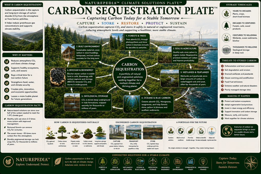 Carbon Sequestration Plate showing forests, soils, wetlands, oceans, and geological systems storing carbon over long timescales