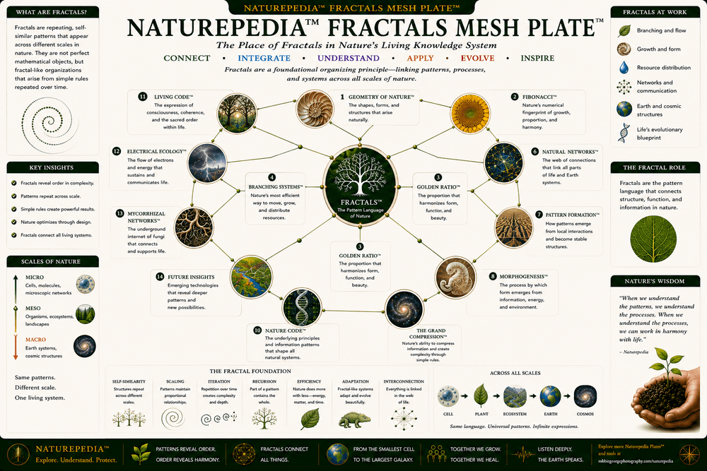 Naturepedia Fractals Mesh Plate illustrating Fractals connected with Geometry of Nature, Fibonacci, Branching Systems, Natural Networks, Pattern Formation, Morphogenesis, The Grand Compression, Nature Code, Living Code, Mycorrhizal Networks, and Electrical Ecology.