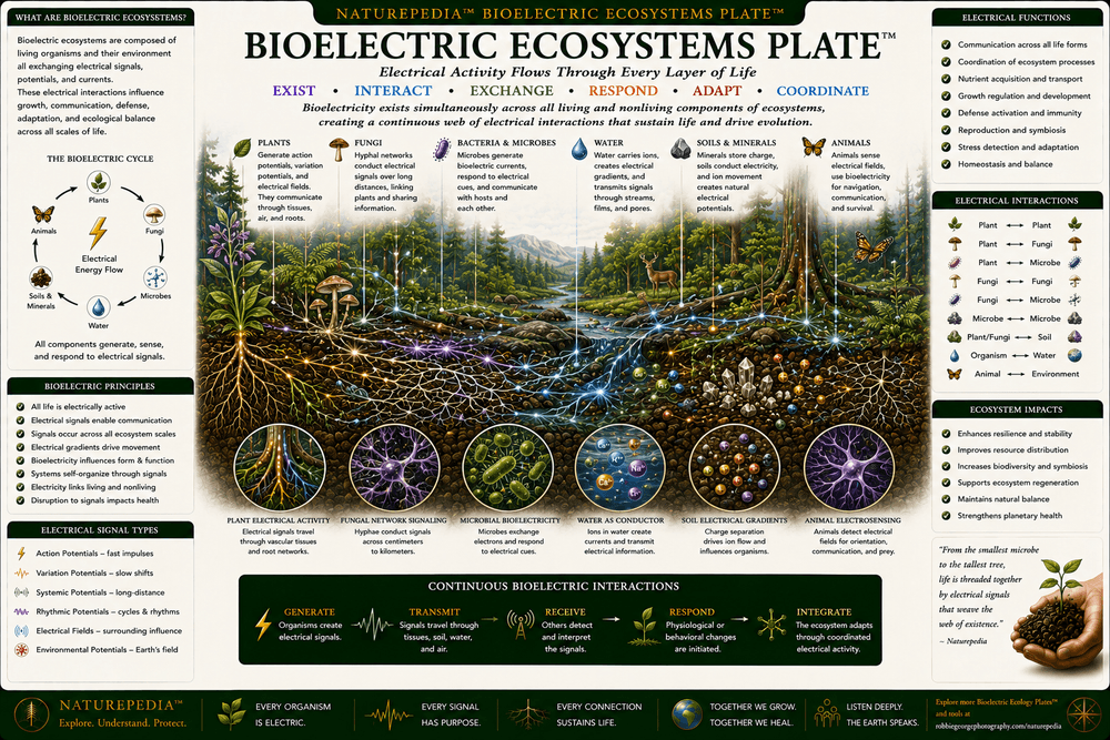 Bioelectric Ecosystems Plate showing plants, fungi, roots, microbes, soils, water, forests, electrical signaling, and interconnected ecological communication.