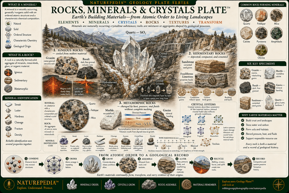 Rocks, Minerals and Crystals Plate showing igneous, sedimentary, and metamorphic rocks; granite, basalt, sandstone, limestone, shale, marble, slate, and gneiss; quartz and feldspar crystals; mineral properties; crystal lattices; magma cooling; sediment deposition; and metamorphic transformation.