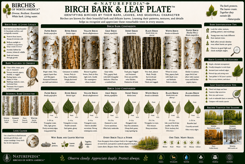 Birch Bark and Leaf Plate showing birch bark, lenticels, leaf shapes, margins, catkins, seeds, fall color, and field identification traits by Robbie George