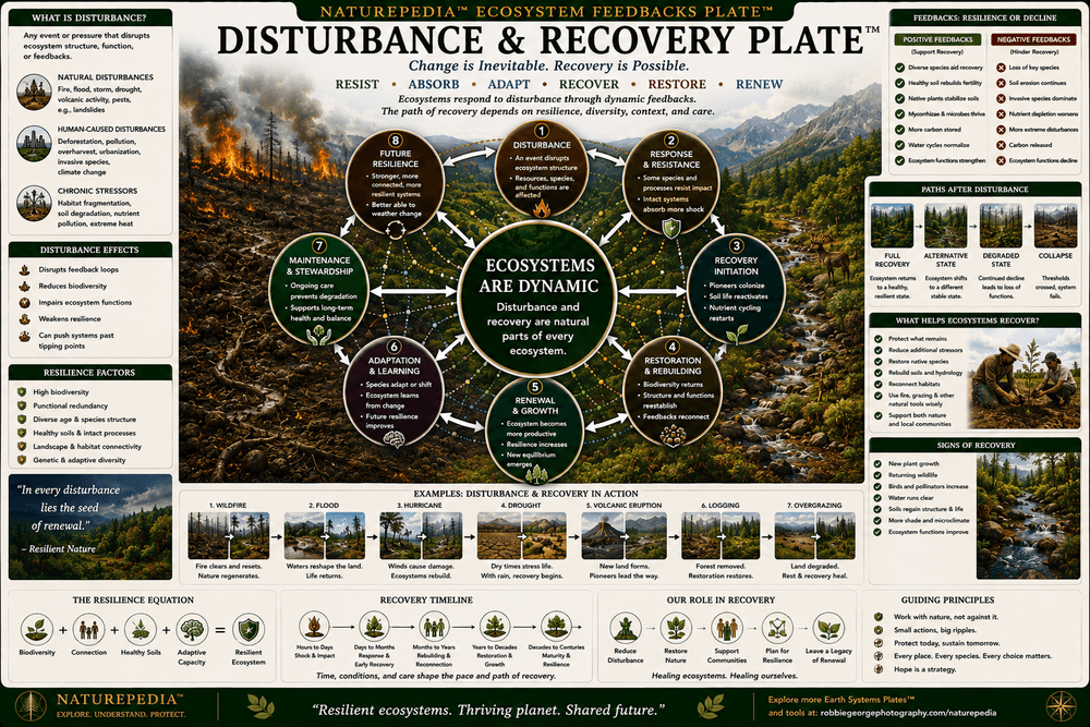 Disturbance and Recovery Plate showing fire, flood, drought, succession, recovery, adaptation, and ecosystem resilience