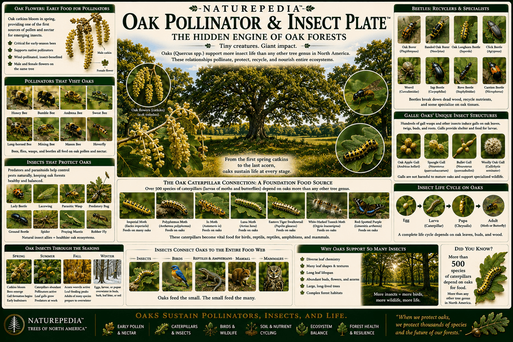Oak Pollinator and Insect Plate showing caterpillars, moths, butterflies, beetles, pollinators, birds, food webs, biodiversity, and oak ecosystem relationships by Robbie George