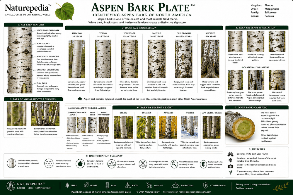 Aspen Bark Plate showing smooth white bark, black scars, lenticels, age progression, wildlife markings, and field identification traits by Robbie George
