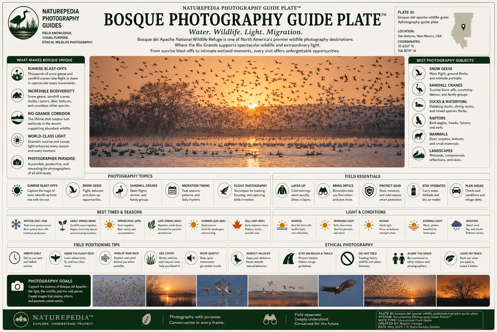 Bosque Photography Guide Plate showing sandhill cranes, snow geese, sunrise blast-offs, waterfowl flight, migration timing, wetland reflections, camera strategy, and Naturepedia photography guide intelligence by Robbie George
