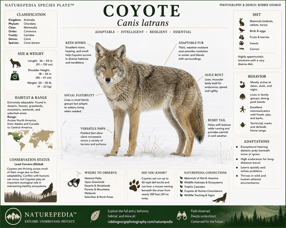 Coyote species plate showing habitat, diet, adaptations, behavior, and conservation — Naturepedia Species Plate by Robbie George