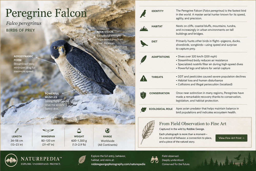 Peregrine Falcon in rocky cliff habitat with annotated species plate showing speed adaptations, hunting behavior, habitat, diet, and conservation — Naturepedia Species Plate by Robbie George