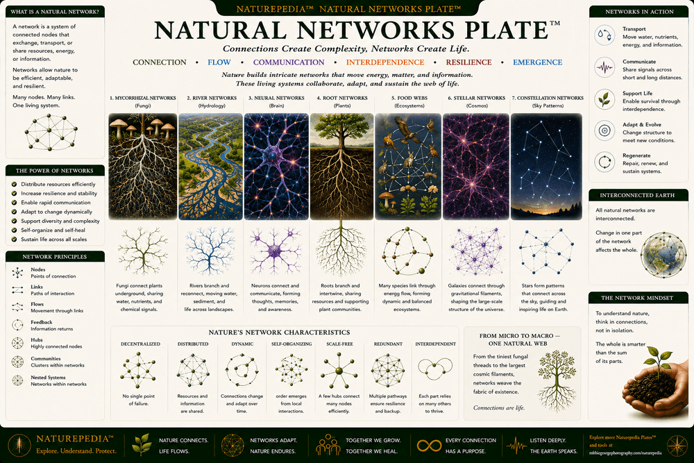 Natural Networks Plate illustrating mycorrhizal fungi, river systems, ecological networks, neural pathways, ecosystems, and interconnected natural geometry.