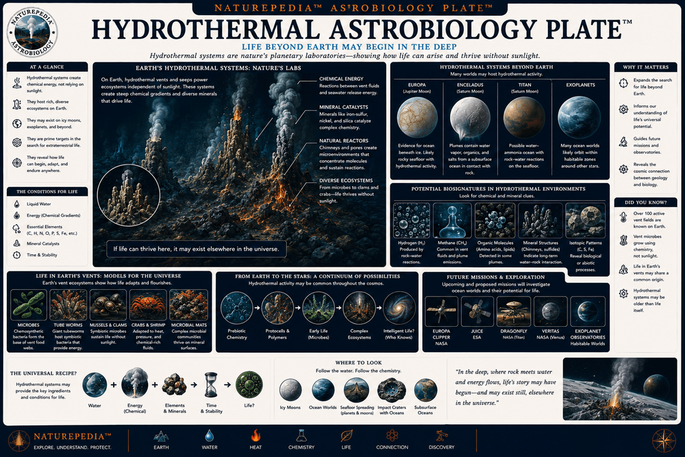 Hydrothermal Astrobiology Plate showing hydrothermal vents, Europa, Enceladus, subsurface oceans, chemosynthesis, and the search for extraterrestrial life