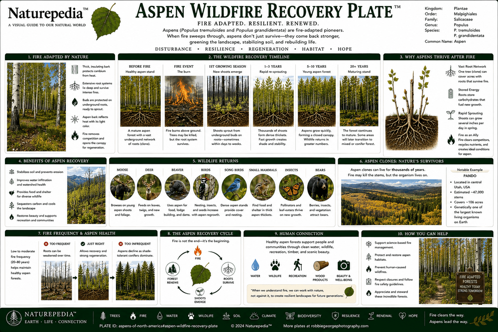 Aspen Wildfire Recovery Plate showing wildfire disturbance, root survival, resprouting, soil stabilization, canopy recovery, and forest resilience by Robbie George