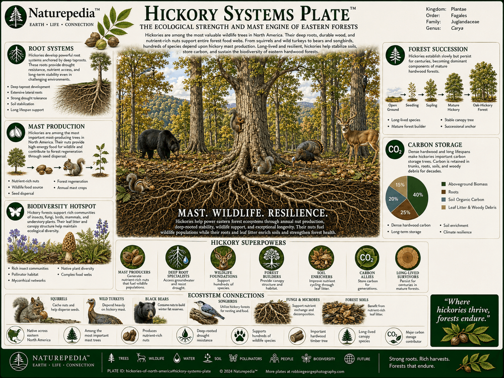 Hickory Systems Plate showing North American hickory trees, compound leaves, bark, nuts, mast production, oak-hickory forests, wildlife relationships, biodiversity, and hardwood forest ecology by Robbie George