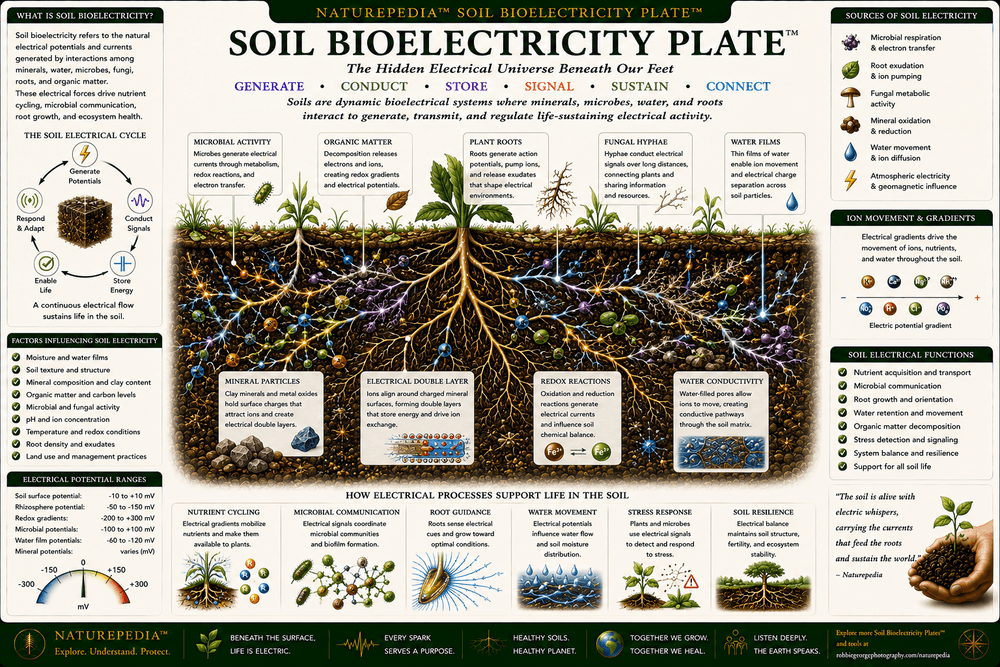 Soil Bioelectricity Plate showing roots, fungal hyphae, soil microbes, minerals, water films, ions, electrical gradients, and underground ecological communication.