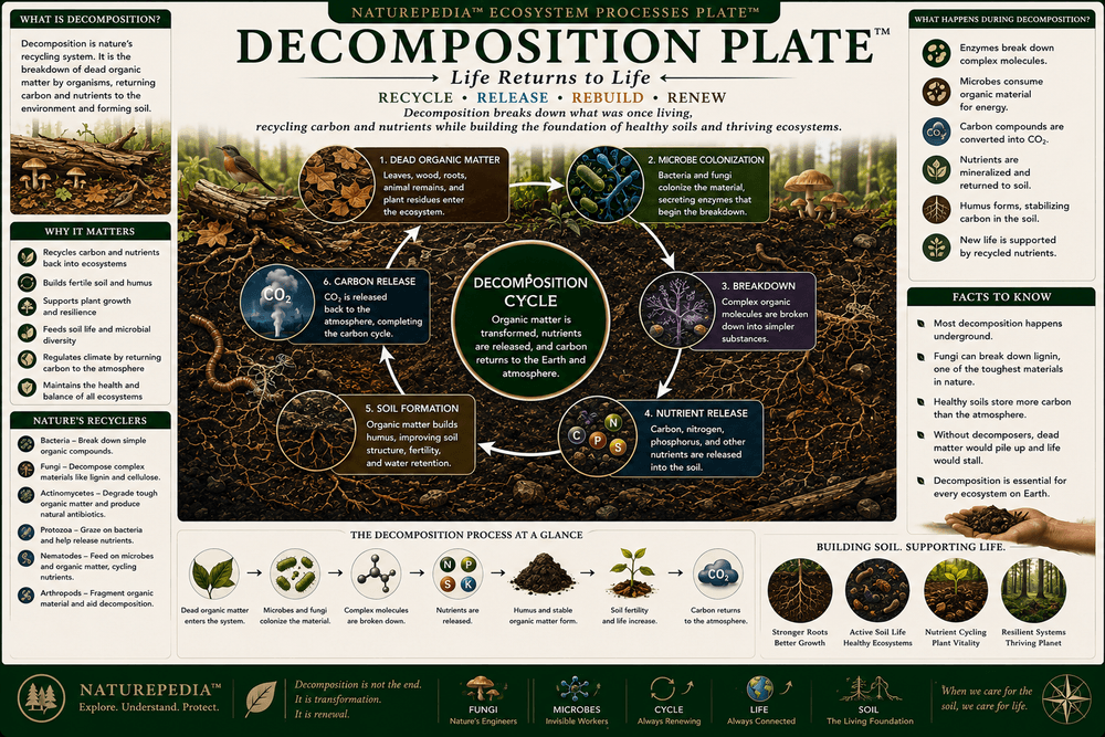 Decomposition Plate showing how fungi and microbes recycle dead organic matter into nutrients, soil, and carbon