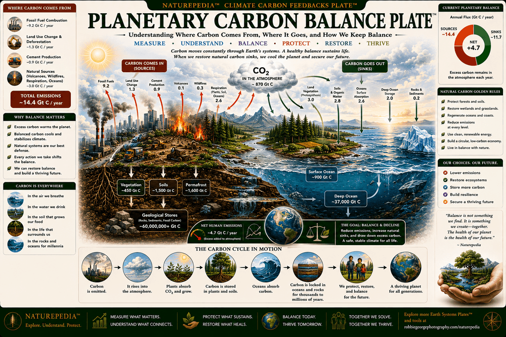 Planetary Carbon Balance Plate showing Earth as an interconnected system linking atmosphere, forests, oceans, wetlands, soils, microbes, biodiversity, water, and the global carbon cycle.