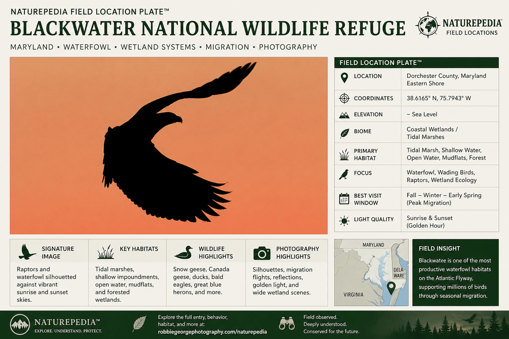 Blackwater National Wildlife Refuge field location plate showing wetlands, migration, wildlife, seasons, and photography conditions — Naturepedia Field Location Plate by Robbie George