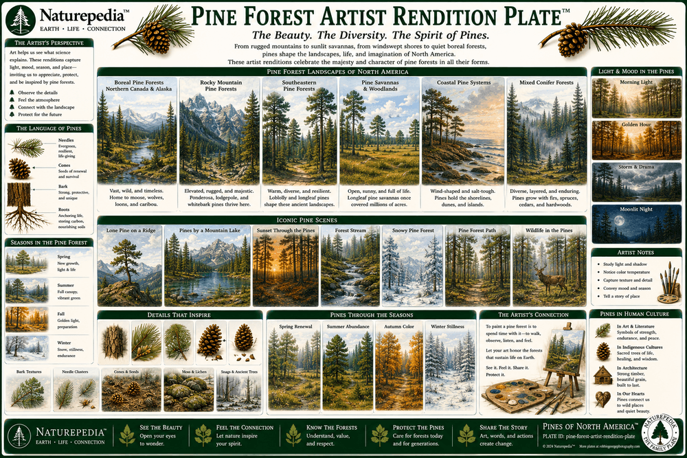Pine Forest Artist Rendition Plate showing symbolic evergreen pine forests, trunks, roots, cones, wildlife, fungi, soil, seasonal light, and ecological connection by Robbie George