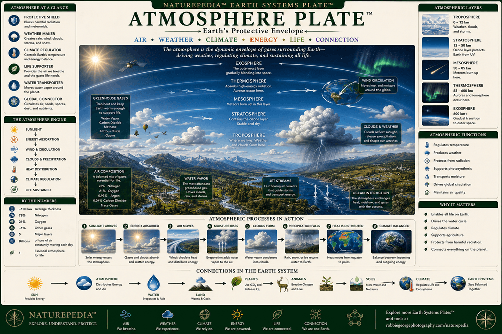 Atmosphere Plate showing atmospheric layers, clouds, weather systems, climate patterns, wind circulation, greenhouse gases, and Earth's atmosphere