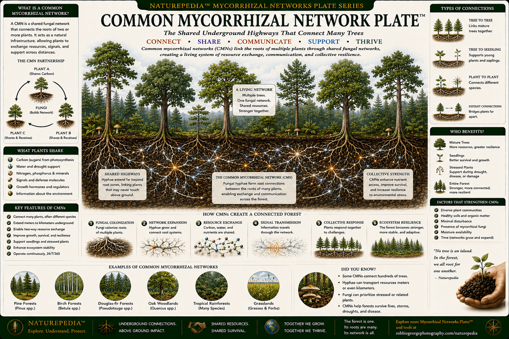 Common Mycorrhizal Network Plate showing multiple trees connected by shared fungal hyphae, root systems, carbon movement, nutrient exchange, water transfer, and underground plant communication.