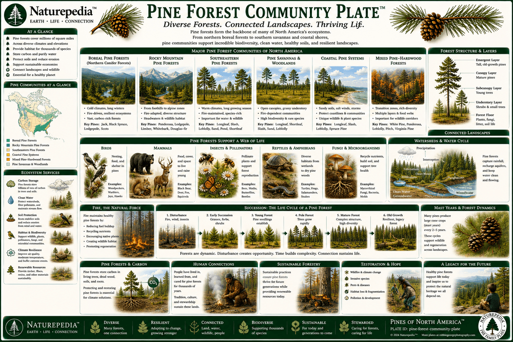 Pine Forest Community Plate showing boreal forests, Rocky Mountain conifer forests, southeastern pine savannas, coastal pine ecosystems, mixed conifer stands, understory communities, watersheds, and wildlife corridors by Robbie George