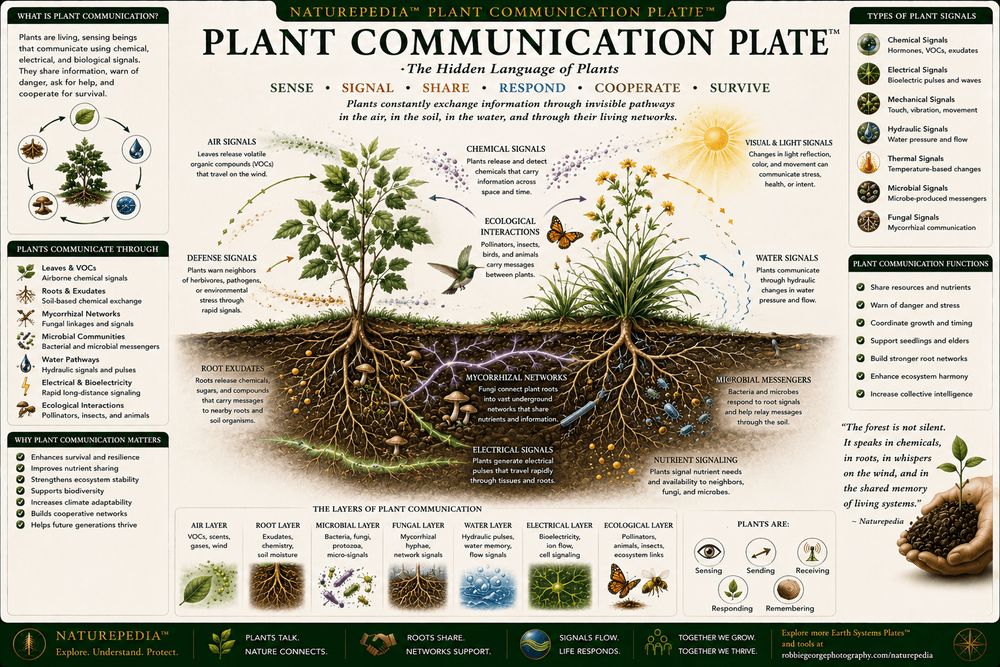 Plant Communication Plate showing plants exchanging information through leaves, roots, air, soil, volatile organic compounds, chemical signals, root exudates, fungi, microbes, water pathways, and ecological networks.