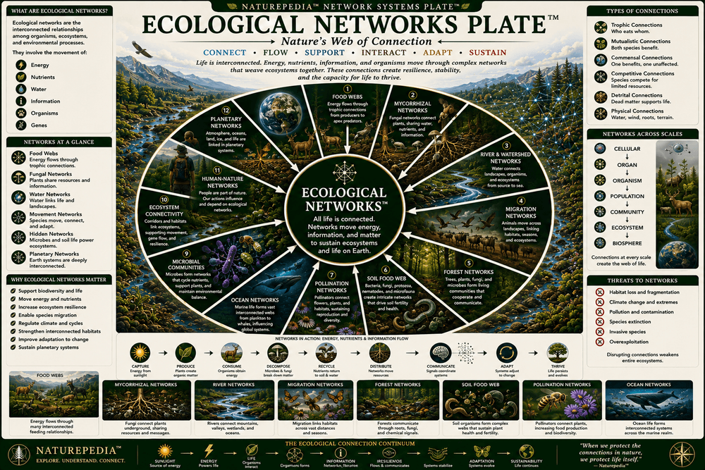Ecological Networks Plate showing food webs, fungal networks, root systems, migration corridors, carbon flow, nutrient cycling, ecosystem connectivity, and information exchange across living systems