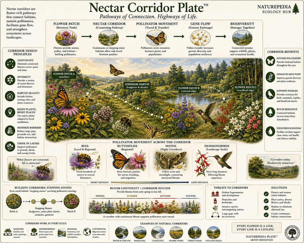 Nectar Corridor Plate showing flower patches, migration routes, pollinator movement, and gene flow across landscapes