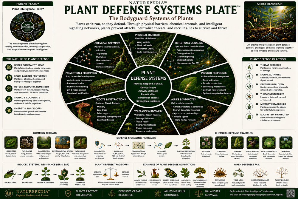 Plant Defense Systems Plate showing herbivore defense, chemical defenses, warning signals, immune responses, plant protection, stress response, and ecological resilience