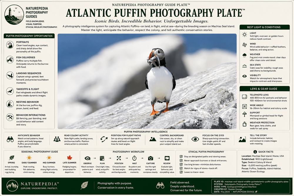 Atlantic Puffin Photography Plate showing landing behavior, fish deliveries, nesting activity, flight paths, environmental storytelling, and Naturepedia wildlife photography intelligence